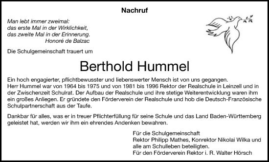 Traueranzeige von Berthold Hummel von Gmünder Tagespost