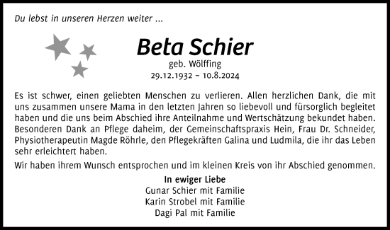 Traueranzeige von Beta Schier von Gmünder Tagespost