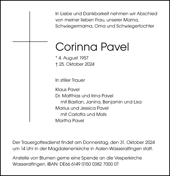 Traueranzeige von Corinna Pavel von Schwäbische Post