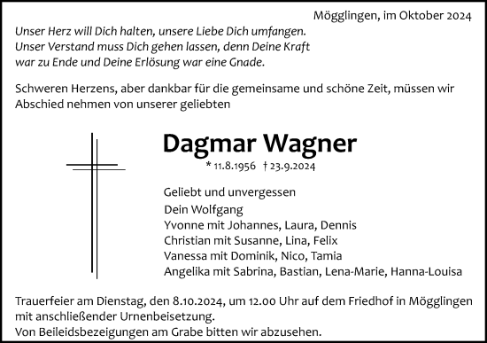 Traueranzeige von Dagmar Wagner von Gmünder Tagespost