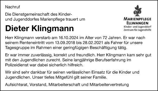 Traueranzeige von Dieter Klingmann von Schwäbische Post