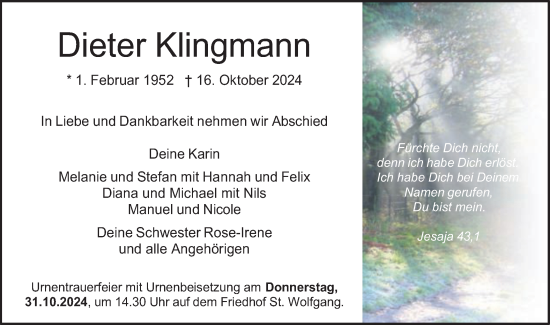 Traueranzeige von Dieter Klingmann von Schwäbische Post