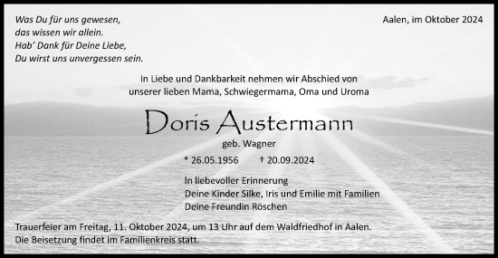 Traueranzeige von Doris Austermann von Schwäbische Post