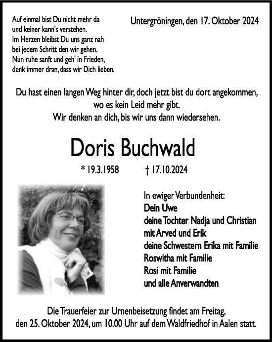 Traueranzeige von Doris Buchwald von Schwäbische Post