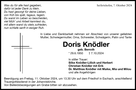 Traueranzeige von Doris Knödler von Gmünder Tagespost