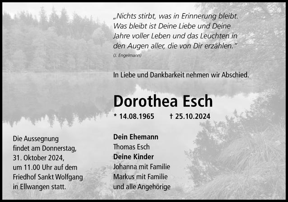  Traueranzeige für Dorothea Esch vom 29.10.2024 aus Schwäbische Post