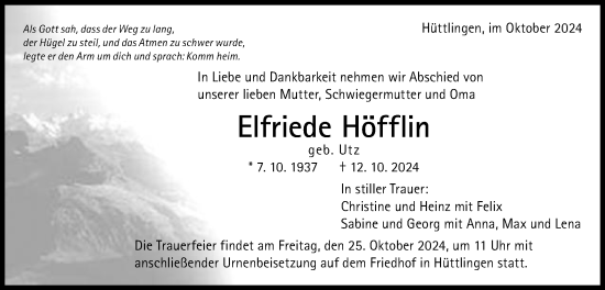 Traueranzeige von Elfriede Höfflin von Schwäbische Post
