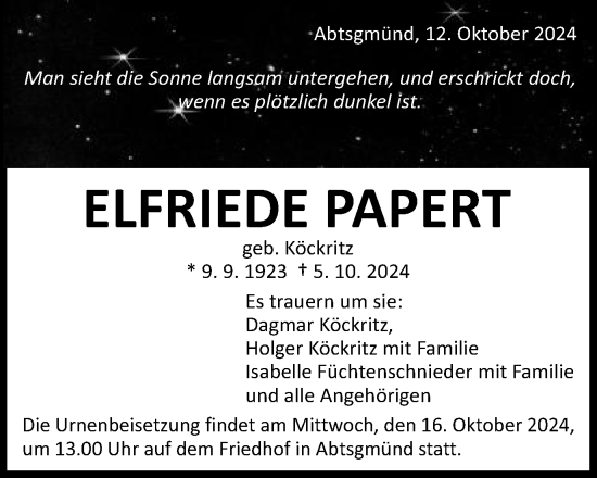 Traueranzeige von Elfriede Papert von Schwäbische Post