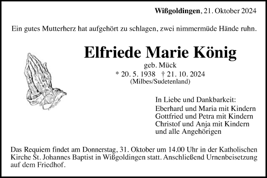 Traueranzeige von Elfriede Marie König von Gmünder Tagespost