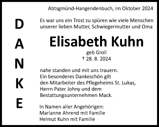 Traueranzeige von Elisabeth Kuhn von Schwäbische Post