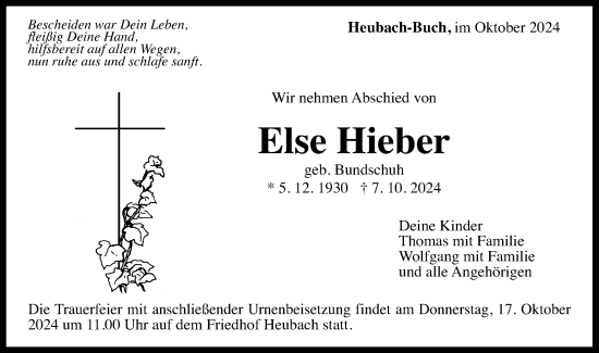 Traueranzeige von Else Hieber von Gmünder Tagespost