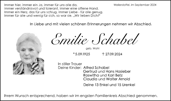 Traueranzeige von Emilie Schabel von Gmünder Tagespost