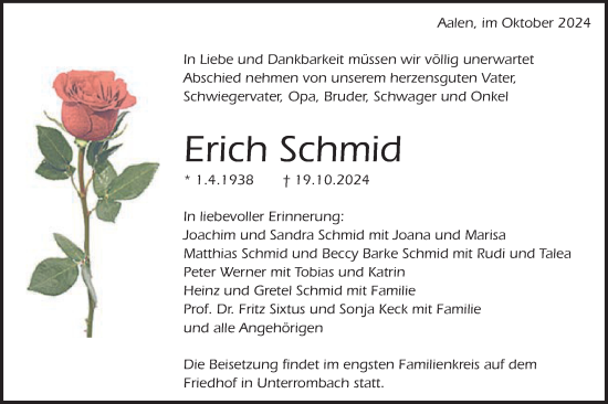 Traueranzeige von Erich Schmid von Schwäbische Post