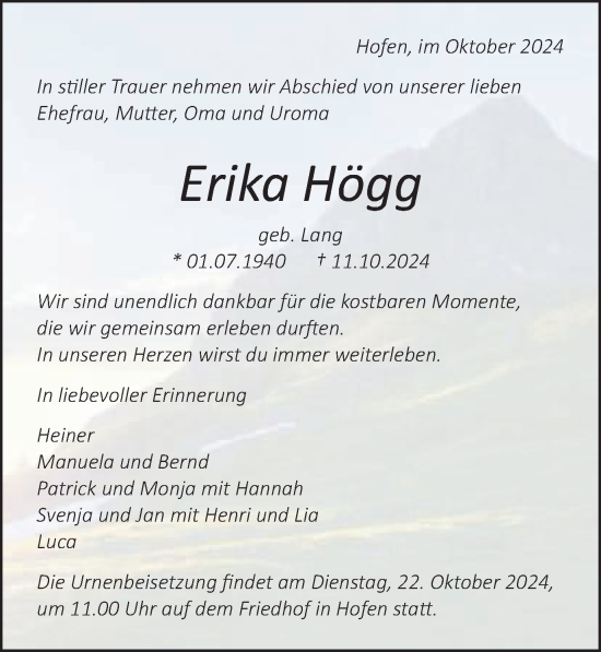 Traueranzeige von Erika Högg von Schwäbische Post