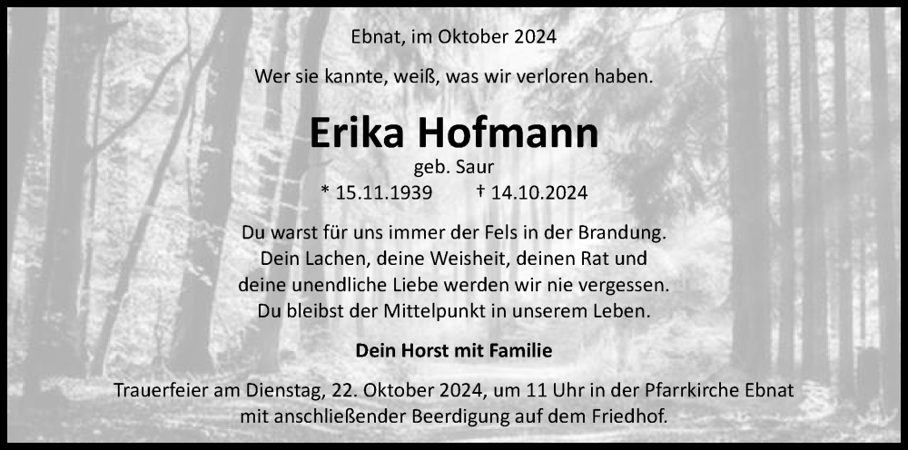 Traueranzeige für Erika Hofmann vom 18.10.2024 aus Schwäbische Post