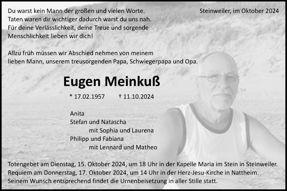  Traueranzeige für Eugen Meinkuß vom 15.10.2024 aus Schwäbische Post