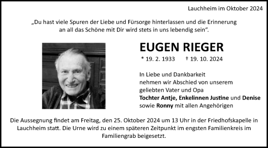 Traueranzeige von Eugen Rieger von Schwäbische Post