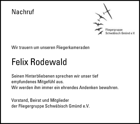 Traueranzeige von Felix Rodewald von Gmünder Tagespost