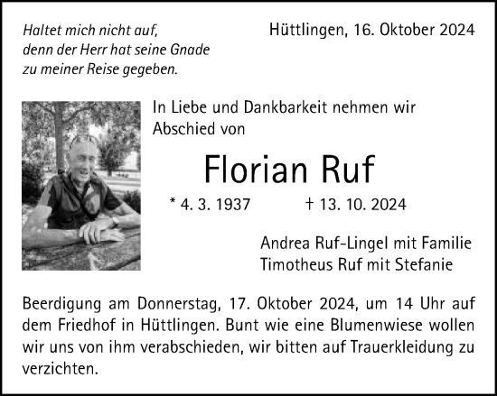 Traueranzeige von Florian Ruf von Schwäbische Post