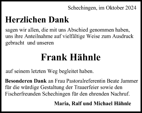 Traueranzeige von Frank Hähnle