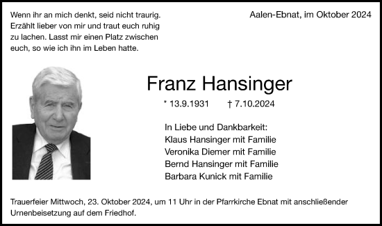 Traueranzeige von Franz Hansinger von Schwäbische Post