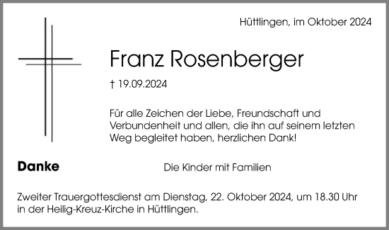 Traueranzeige von Franz Rosenberger von Schwäbische Post
