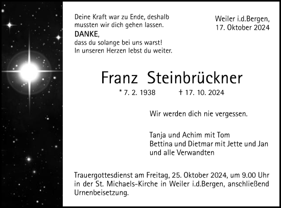 Traueranzeige von Franz Steinbrückner von Gmünder Tagespost