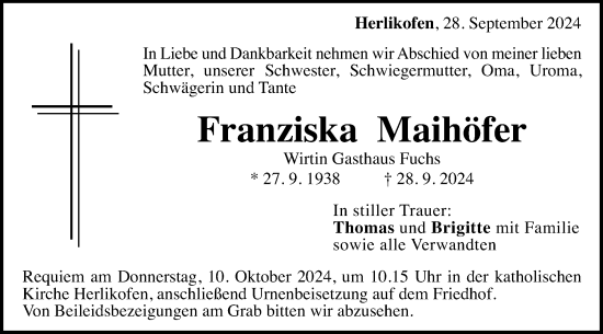 Traueranzeige von Franziska Maihöfer von Gmünder Tagespost