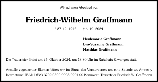 Traueranzeige von Friedrich-Wilhelm Graffmann von Schwäbische Post