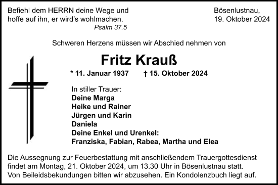 Traueranzeige von Fritz Krauß von Schwäbische Post