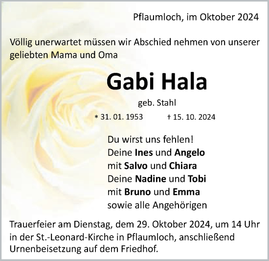 Traueranzeige von Gabi Hala von Schwäbische Post