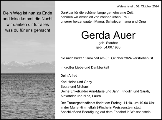 Traueranzeige von Gerda Auer von Gmünder Tagespost