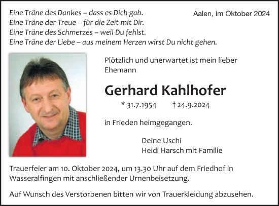 Traueranzeige von Gerhard Kahlhofer von Schwäbische Post