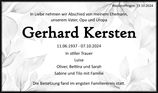 Traueranzeige von Gerhard Kersten von Schwäbische Post