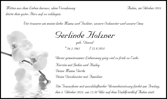Traueranzeige von Gerlinde Holzner von Schwäbische Post