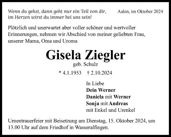 Traueranzeige von Gisela Ziegler von Schwäbische Post