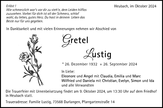 Traueranzeige von Gretel Lustig von Gmünder Tagespost