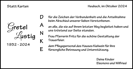 Traueranzeige von Gretel Lustig von Gmünder Tagespost