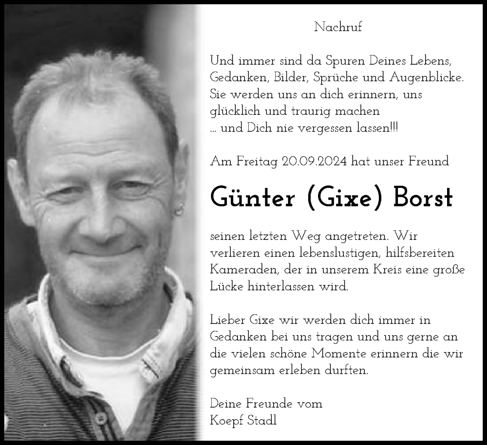  Traueranzeige für Günter Borst vom 16.10.2024 aus Schwäbische Post