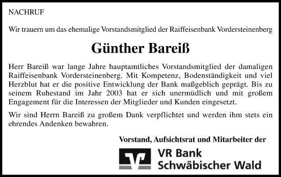 Traueranzeige von Günther Bareiß von Gmünder Tagespost