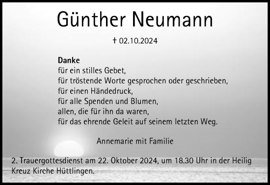 Traueranzeige von Günther Neumann von Schwäbische Post