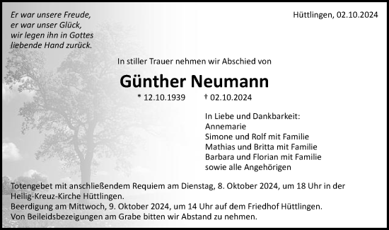 Traueranzeige von Günther Neumann von Schwäbische Post