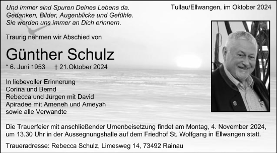 Traueranzeige von Günther Schulz von Schwäbische Post