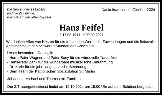 Traueranzeige von Hans Feifel von Schwäbische Post