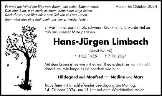 Traueranzeige von Hans-Jürgen Limbach von Schwäbische Post