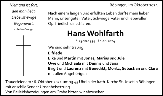 Traueranzeige von Hans Wohlfarth von Gmünder Tagespost