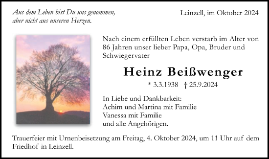 Traueranzeige von Heinz Beißwenger von Gmünder Tagespost