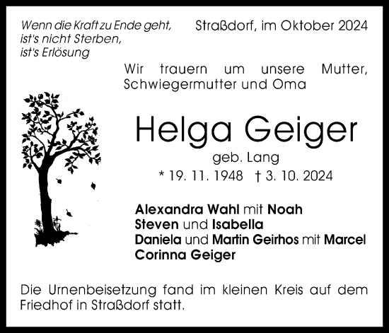 Traueranzeige von Helga Geiger von Gmünder Tagespost