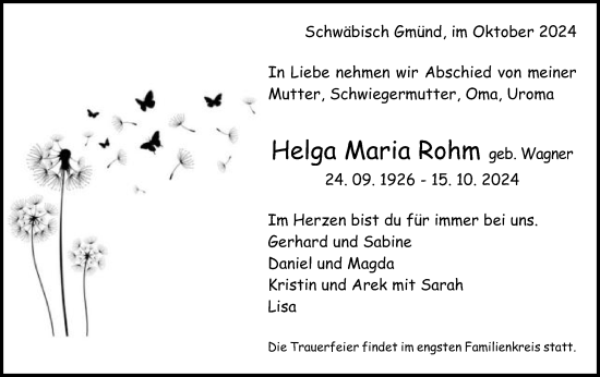 Traueranzeige von Helga Maria Rohm von Gmünder Tagespost