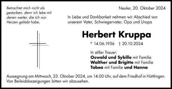 Traueranzeige von Herbert Kruppa von Schwäbische Post
